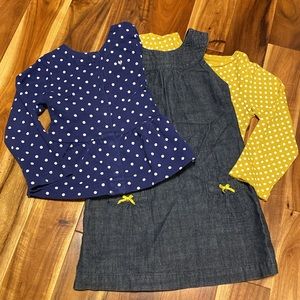 Girl’s Size 3 Carter’s Outfit: Denim Apron Dress, Polka Dot T-shirt & Cardigan